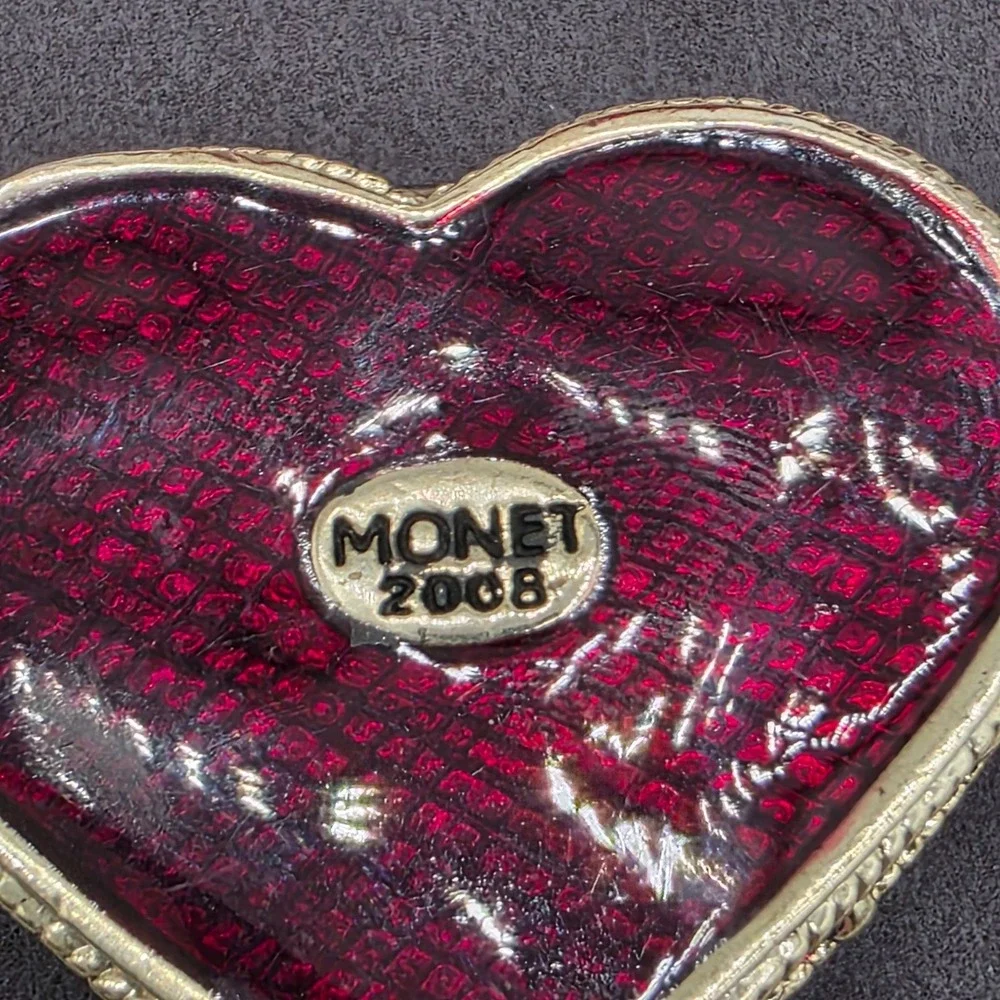 Monet Heart Hinged Trinket Box Red Gold Filigree Crystals Jewelry‎ Keepsake